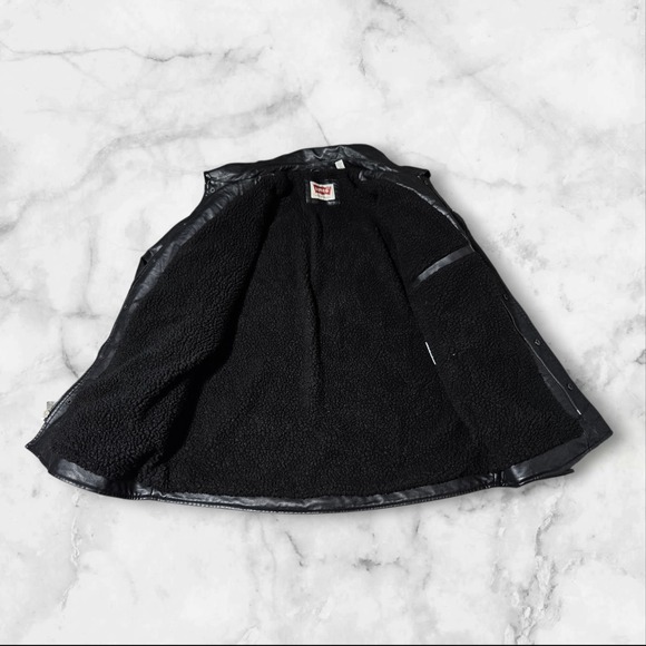 Levis Faux Leather Trucker Sherpa-Lined Jacket Black Zip Snap Button Biker Men L - Picture 4 of 16